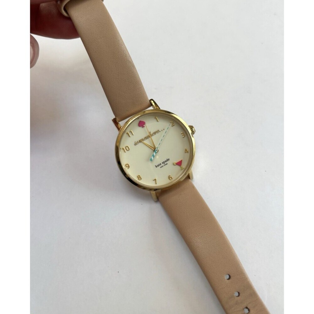 Kate Spade Metro Vachetta Watch Gold Beige Leather 5 O'Clock Somewhere 34mm - Picture 2 of 7